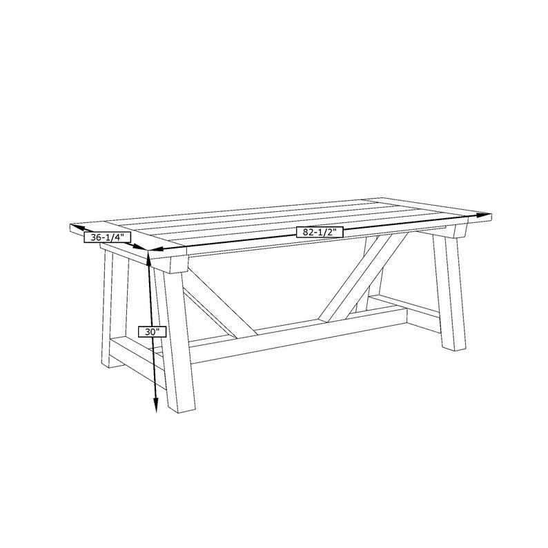 May include: Line drawing of a wooden table with a rectangular top and a trestle base. The table is 82-1/2 inches long, 36-1/4 inches wide, and 30 inches high.