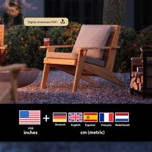 Baixe o PDF do projeto da cadeira Adirondack moderna: faça você mesmo, ideal para iniciantes, com plantas, versões em polegadas e centímetros.