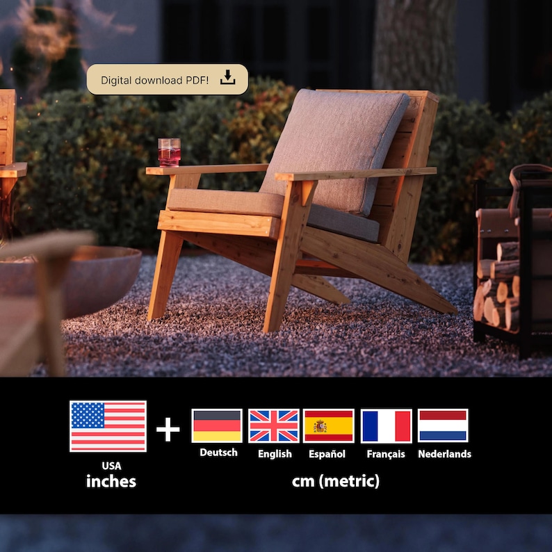 PDF-download, Modern Adirondack chair, DIY plan, beginner-friendly, blueprints, imperial and metric versions image 1