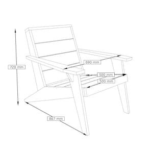 May include: Line drawing of a wooden chair with armrests. The chair is 720 mm high, 690 mm wide, and 867 mm deep. The seat is 500 mm wide. The chair has a slatted back and a simple, modern design.