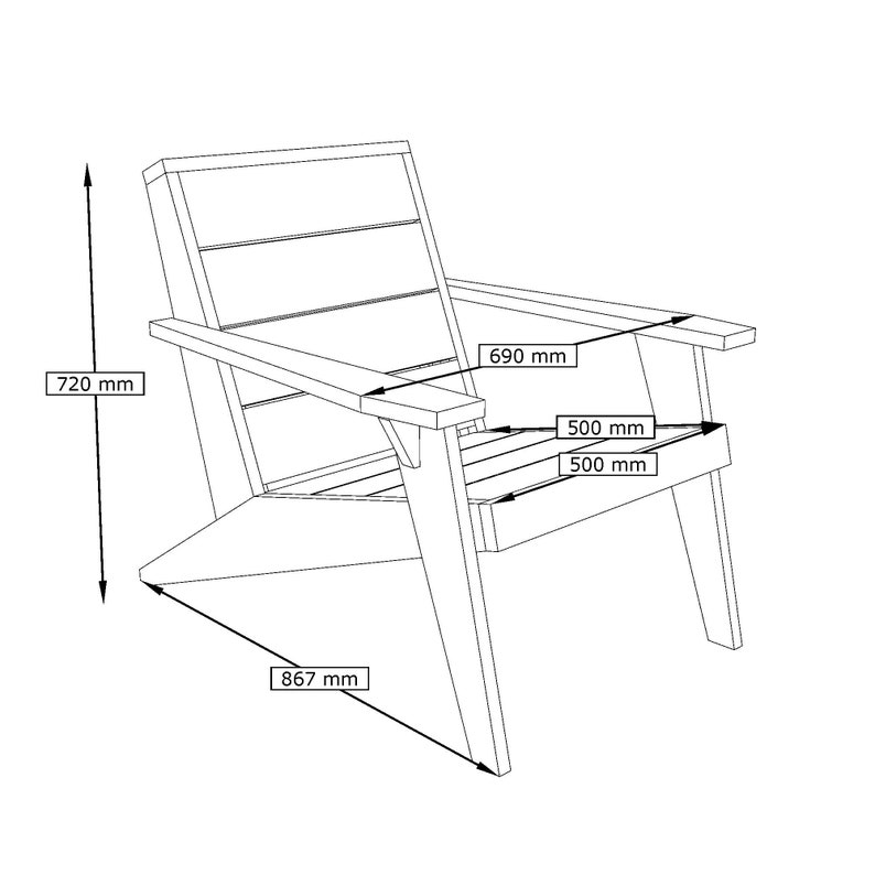 May include: Line drawing of a wooden chair with armrests. The chair is 720 mm high, 690 mm wide, and 867 mm deep. The seat is 500 mm wide. The chair has a slatted back and a simple, modern design.