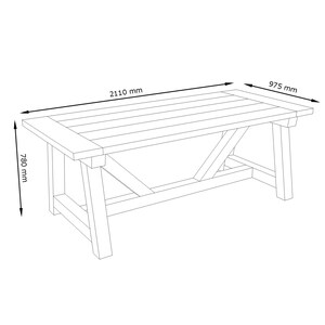 May include: A black and white line drawing of a rectangular table with a cross-brace support structure. The dimensions are clearly labelled as 2110 mm in length, 975 mm in width, and 780 mm in height, indicated by arrows.