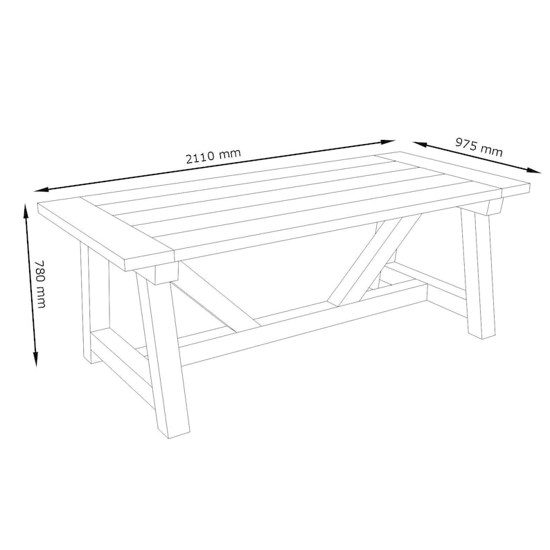 May include: A black and white line drawing of a rectangular table with a cross-brace support structure. The dimensions are clearly labelled as 2110 mm in length, 975 mm in width, and 780 mm in height, indicated by arrows.