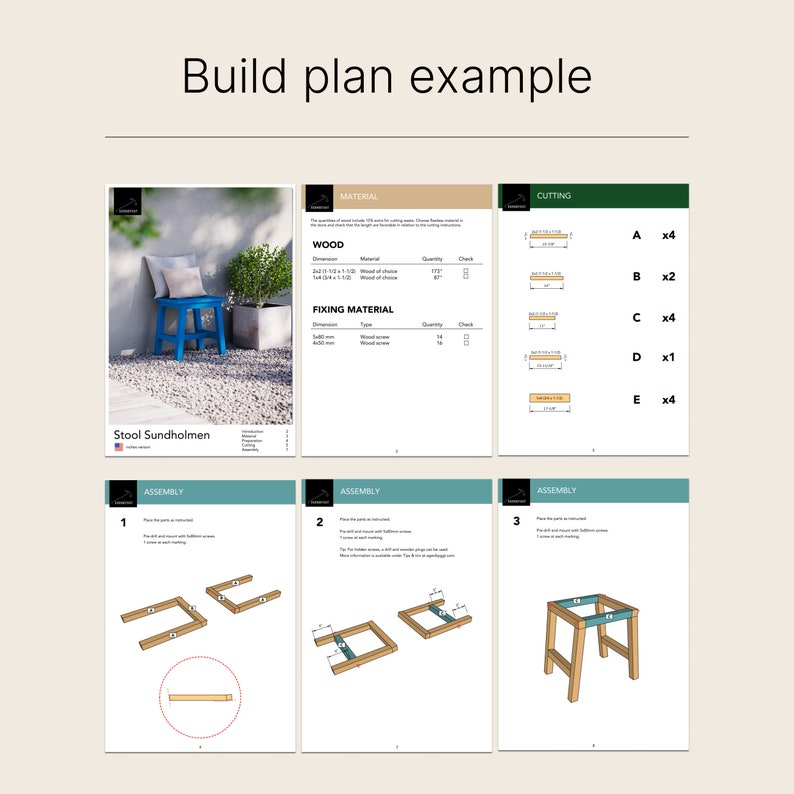 May include: A build plan example for a stool. The plan includes material lists, cutting diagrams, and assembly instructions. The stool is blue and has a modern design. The text "Build plan example" is at the top.