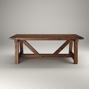 May include: A rectangular wooden table featuring a dark brown finish with visible wood grain. The table has a flat top surface supported by four sturdy legs connected by diagonal cross-bracing beams that provide structural stability.