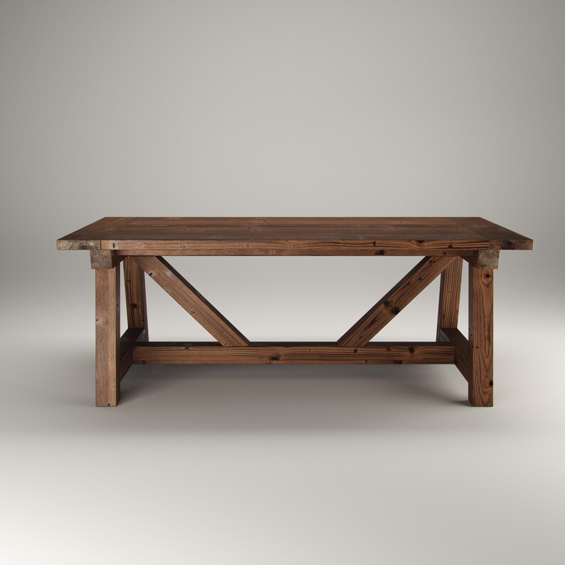 May include: A rectangular wooden table featuring a dark brown finish with visible wood grain. The table has a flat top surface supported by four sturdy legs connected by diagonal cross-bracing beams that provide structural stability.