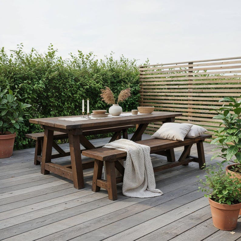 May include: A dark brown wooden dining table with two matching benches on a deck. The table features a white runner, two candles, a white vase with dried grass, and bowls. A beige throw blanket and two white pillows rest on one bench.