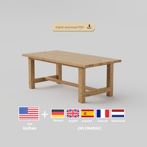 May include: A light-coloured, rectangular wooden table with four sturdy legs. The table is made of planks and has a natural wood grain finish. The image includes the text "Digital download PDF!" and "cm (metric)".