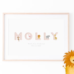 Impresión de nombre de bebé de animales de la selva / Letrero de nombre personalizado / Arte de pared para guardería / Regalo para bebé recién nacido / Regalo para niña, regalo para niño / A5, A4, A3
