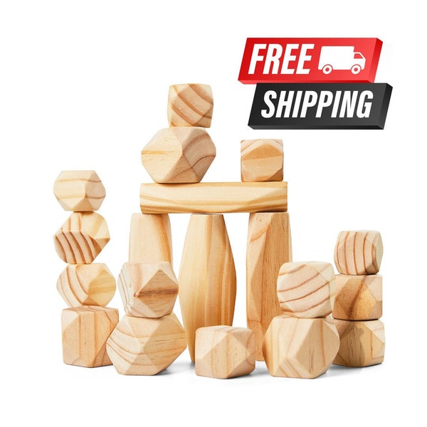 Montessori Toys for Kids - 20 Large Size Wooden Balancing Stones, Natural Pine Wood Rocks, Wooden Building Blocks Set of Stacking Stones