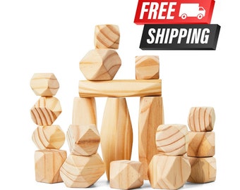 Montessori Toys for Kids - 20 Large Size Wooden Balancing Stones, Natural Pine Wood Rocks, Wooden Building Blocks Set of Stacking Stones