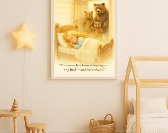Plakat do druku „Złotowłosa i trzy misie” – format A3 A4 do pobrania w wersji cyfrowej – Fantazyjna sztuka baśniowa dla dzieci