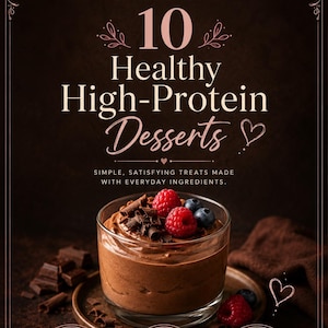 Könnte beinhalten: Ein Glas mit Schokoladenmousse, garniert mit frischen Himbeeren, Blaubeeren und Schokoladensplittern. Der Text lautet 10 Healthy High-Protein Desserts und Simple, Satisfying Treats Made With Everyday Ingredients vor einem dunklen Hintergrund.