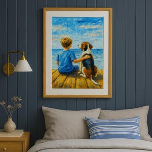 May include: Framed oil painting of a child and dog sitting on a wooden dock, overlooking the ocean. The boy wears a blue shirt, and the dog is brown, black, and white. The sky is blue with white clouds. The frame is a light wood color.
