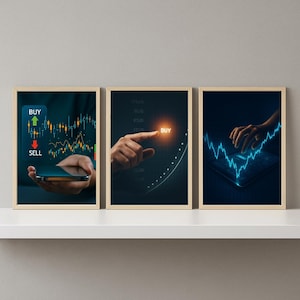 May include: Set of three framed art prints depicting financial market concepts. One shows a hand holding a phone with a stock chart and "BUY" and "SELL" arrows. Another features a hand pointing at a glowing "BUY" button. The third shows a hand interacting with a glowing stock chart.