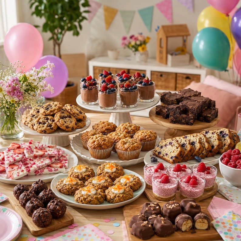 May include: A dessert spread featuring chocolate mousse cups with berries, chocolate brownies, chocolate chip cookies, muffins, strawberry white chocolate bark, oatmeal cookies with cream, berry parfaits, and chocolate-covered banana slices.