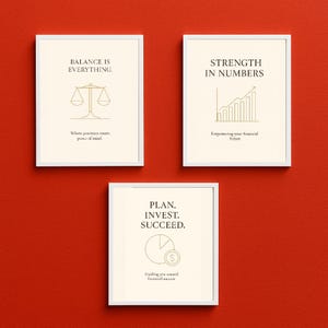 Könnte beinhalten: Drei gerahmte Drucke mit weißen Rändern auf rotem Hintergrund. Die Drucke zeigen goldenen Text und Strichzeichnungen. Der obere linke Druck lautet "BALANCE IS EVERYTHING". Der obere rechte Druck lautet "STRENGTH IN NUMBERS". Der untere Druck lautet "PLAN. INVEST. SUCCEED."