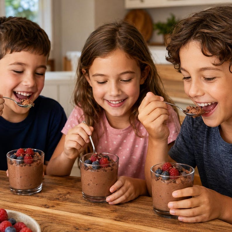 May include: Three glass cups filled with chocolate mousse, each topped with fresh raspberries and blueberries, served with a silver spoon.