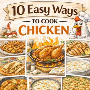 以下が含まれることがあります： 「10 Easy Ways to Cook Chicken」というタイトルの料理本の表紙。さまざまな鶏肉料理、漫画のシェフチキン、スパイスやトマトなどの食材が描かれています。全体的なテーマは料理とレシピです。