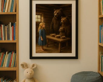 Plakat do druku „Złotowłosa i trzy misie” – format A3 A4 do pobrania w wersji cyfrowej – Fantazyjna sztuka baśniowa dla dzieci