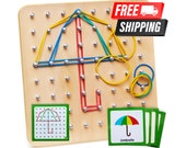Geoboard in Legno Giochi Educativi Montessori 3 4 5 6 Anni, Giocattolo Educativo Geometrico Elementare con 30 Carte Modelli 53 Elastici per la Creazione di Figure e Forme Regali per Bambini [18X18CM