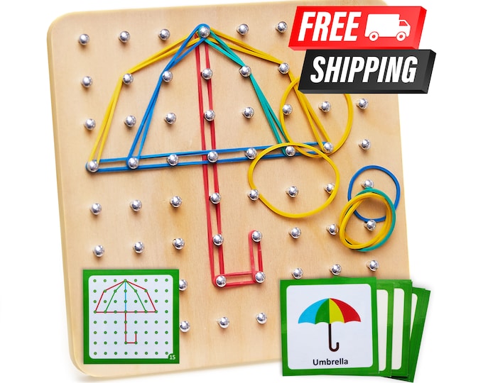 Wooden Geoboard - Montessori Toys for Kids, Graphical Mathematical Educational Toy with 30 Pattern Cards and 40 Rubber Bands, STEM kids toys
