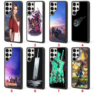 May include: A collection of eight phone cases, each featuring a unique design. The cases showcase various characters and scenes from a video game. The cases are black with colorful graphics, including portraits and action scenes.