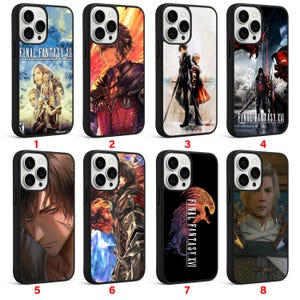 Puede incluir: Ocho fundas negras para teléfono con ilustraciones de Final Fantasy. Las fundas muestran varios personajes y títulos de juegos, incluyendo "Final Fantasy XII" y "Final Fantasy XVI". Cada funda tiene un borde negro y un recorte para la cámara.