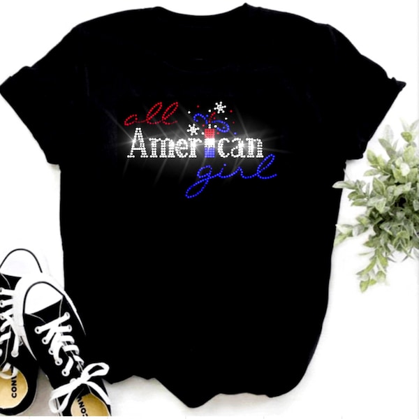 4th of July Shirt, Rhinestone Bling Tee, July 4th T-shirt, All American girl, Gifts for her, Fourth of July patriotic USA shirt