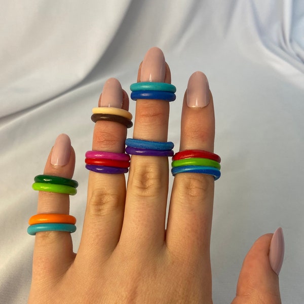 handmade colourful statement rings, double triple band unique polymer clay rings!