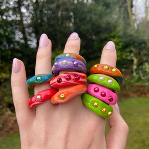 handmade beaded clay rings, polymer clay, quirky rings, funky, colourful, personalised rings