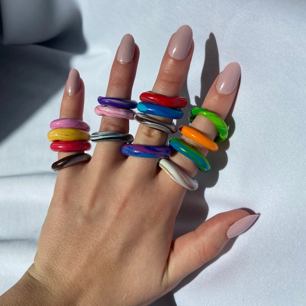 handmade polymer clay simple rounded stackable rings! colourful and funky, various colours, made to order, stacking rings