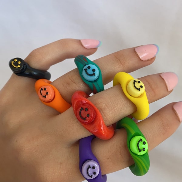 handmade clay smiley rings, charm ring, colourful smiley bead, polymer clay smiley oval round band rings! colourful cute