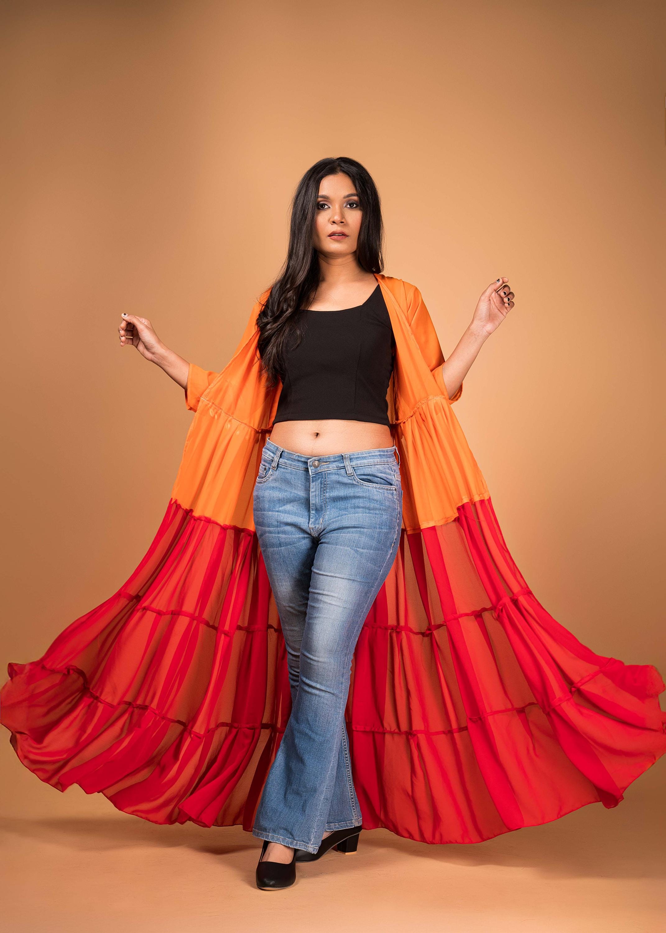 Boho Tiered long Shrug with 3/4 sleeves, women's Tiered Jacket