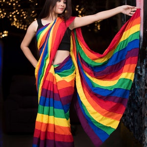Handmade Rainbow Crepe Saree: Colorful LGBTQ Pride Fashion