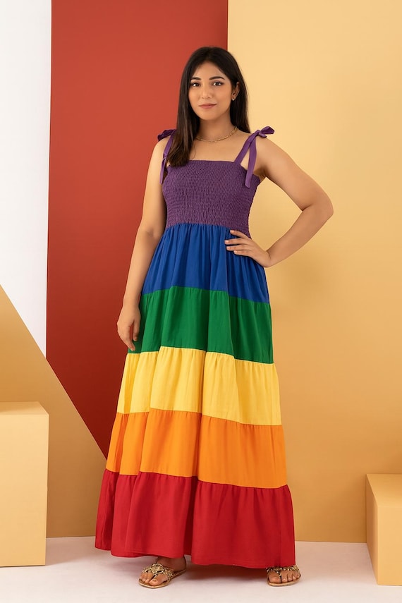 Pride Reverse Rainbow Smocked Tiered Dress: Handmade Crepe Fabric