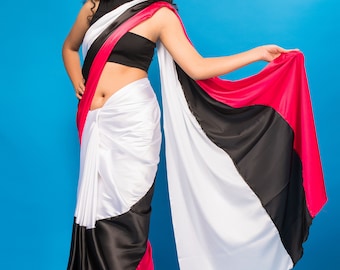 Color Block Saree For Women, Saree For Women, Satin Saree, Party Wear Saree, Saree For Events, Wedding Wear Saree, Saree For Events