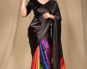 Midnight Rainbow Satin Saree For Women, Satin Saree, Saree For Women, Party Wear Saree, Multicolored Saree, LGBTQ Saree, Rainbow Flag Saree