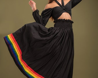 Rainbow Smocked Black Skirt For Women With Side Slit, Long Skirt, Pride Rainbow Skirt, LGBTQ Flag Skirt, Smocked Flared Skirt