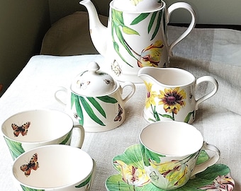 Vintage Spode Floral Haven Teapot, Sugar & Creamer, Cup/Saucer, Latte Mugs, Butterflies, Bees, Tulips, Sunflowers