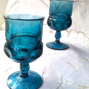 Vintage Kings Crown Water Goblets Blue Indiana Glass Thumbprint Pressed Glass ,MCM Glasses, Wedding Tablescape, Groovy, 1960s