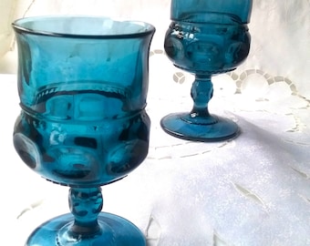 Vintage Kings Crown Water Goblets Blue Indiana Glass Thumbprint Pressed Glass ,MCM Glasses, Wedding Tablescape, Groovy, 1960s