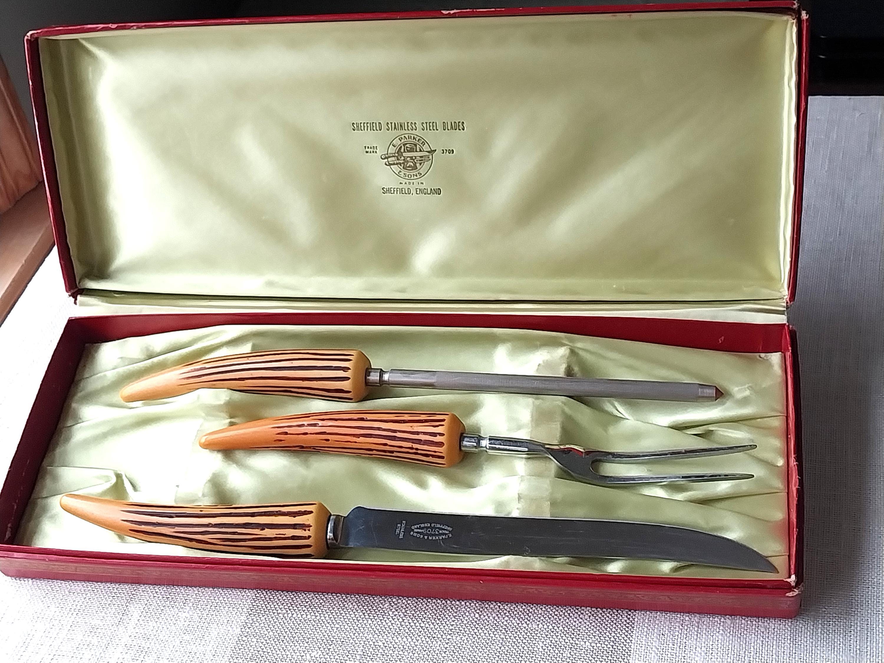 Vintage Sheffield Stainless Carving Set, Faux Stag Horn, MCM
