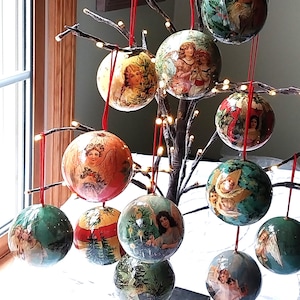 Vintage Victorian Angel Decoupage Christmas Tree Ornaments Set, Twelve Glorious Angels