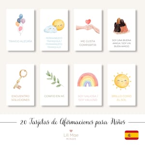 May include: A set of 20 affirmation cards for children, featuring watercolor illustrations of a key, rainbow, sun, balloons, and more. Each card has a positive affirmation in Spanish. The cards are designed by Lili Mae Minds.
