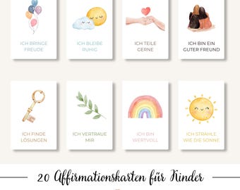 May include: A collection of 8 watercolour affirmation cards for children, with illustrations of a key, rainbow, sun, balloons, and more. Each card has a German phrase. The text "20 Affirmationskarten für Kinder" is at the bottom.