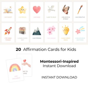 Könnte beinhalten: Ein Set von 20 Affirmationskarten für Kinder mit Aquarellillustrationen von einem Buch, Stern, Herz, Taube, Schmetterling, Pinsel, Rakete, Büchern, Bergen, Blumen, Glühbirne und Sternschnuppe. Text enthält "Ich bin schlau", "Ich bin mutig" und "Ich bin lieb".
