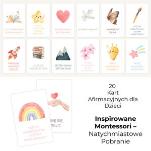 Könnte beinhalten: Ein Set von 20 Affirmationskarten für Kinder mit Aquarellillustrationen von Gegenständen wie einem Buch, Stern, Herz, Taube, Schmetterling, Pinsel, Rakete, Büchern, Bergen, Blumen, Glühbirne und Sternschnuppe. Inspiriert von Montessori.