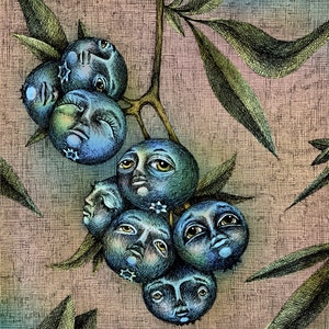Die Blaubeeren (FARBE). Fine Art Matte Druck einer Original-Stift- und Tintenillustration auf Archivpapier