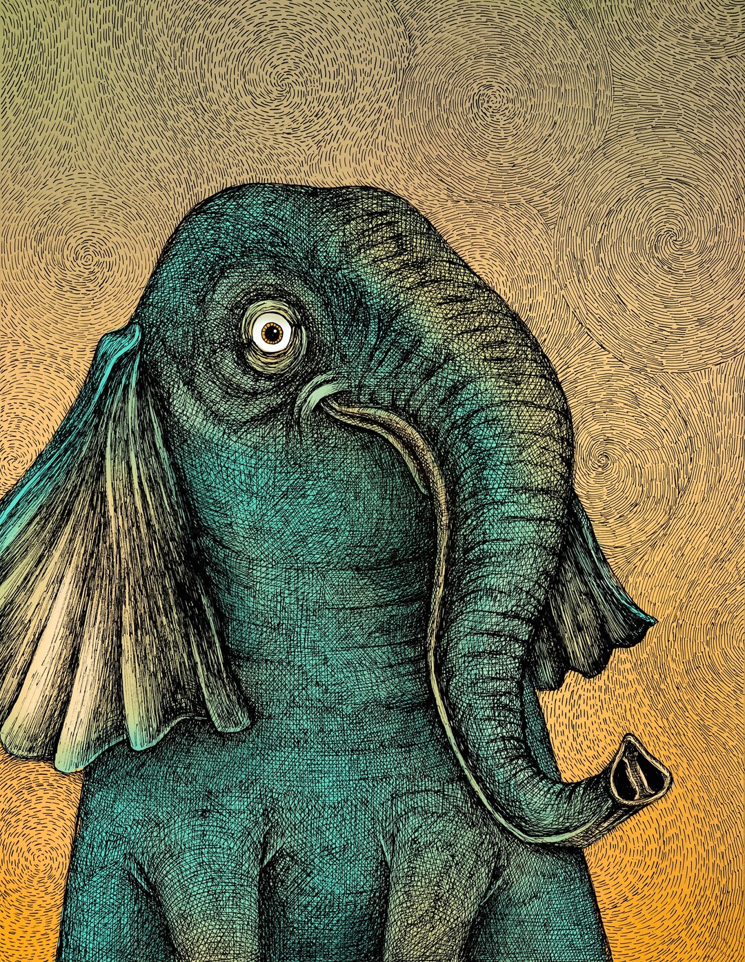 The Elephant color. Fine Art Matte Print of Original Pen and Ink